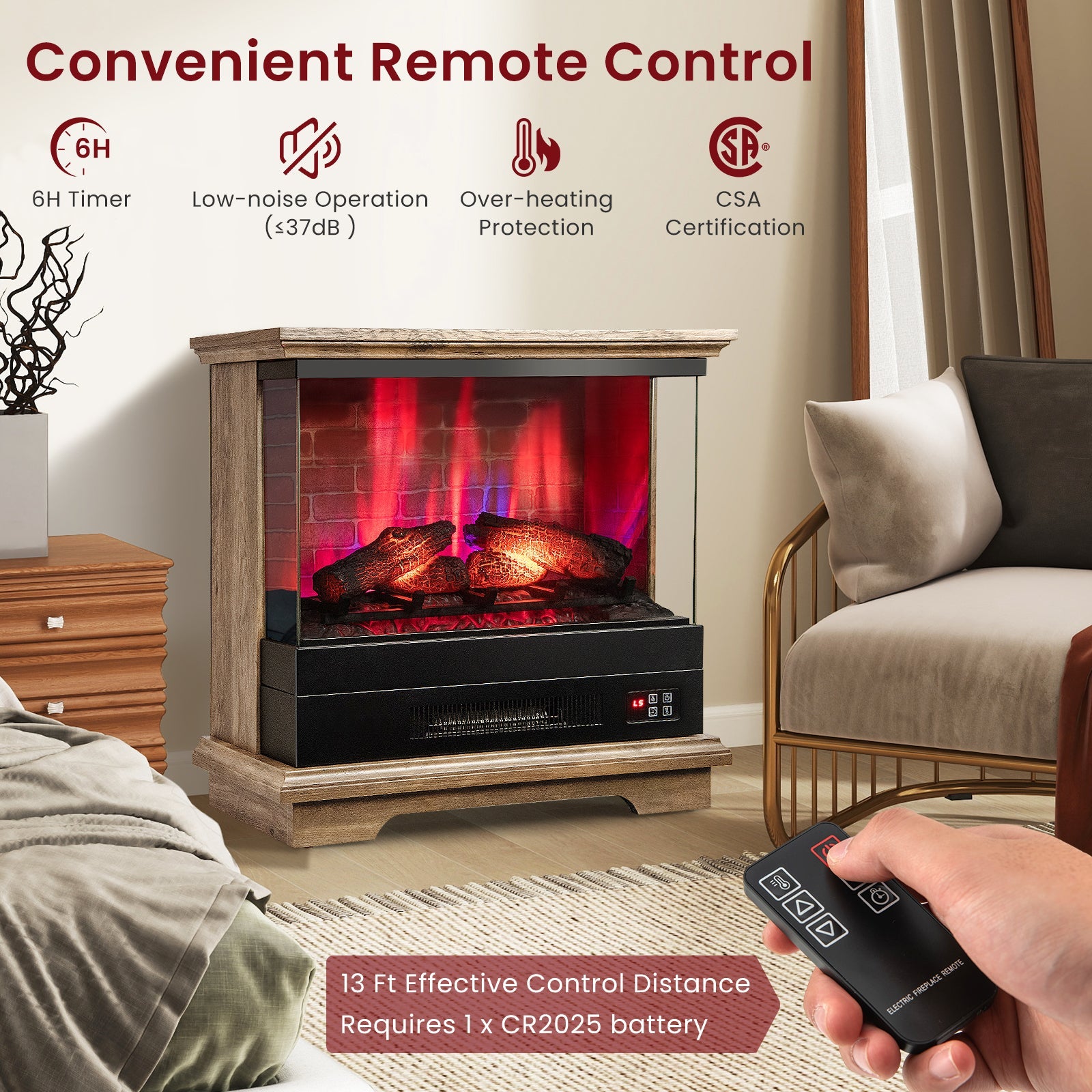 27 Inch Freestanding Fireplace with Remote Control
