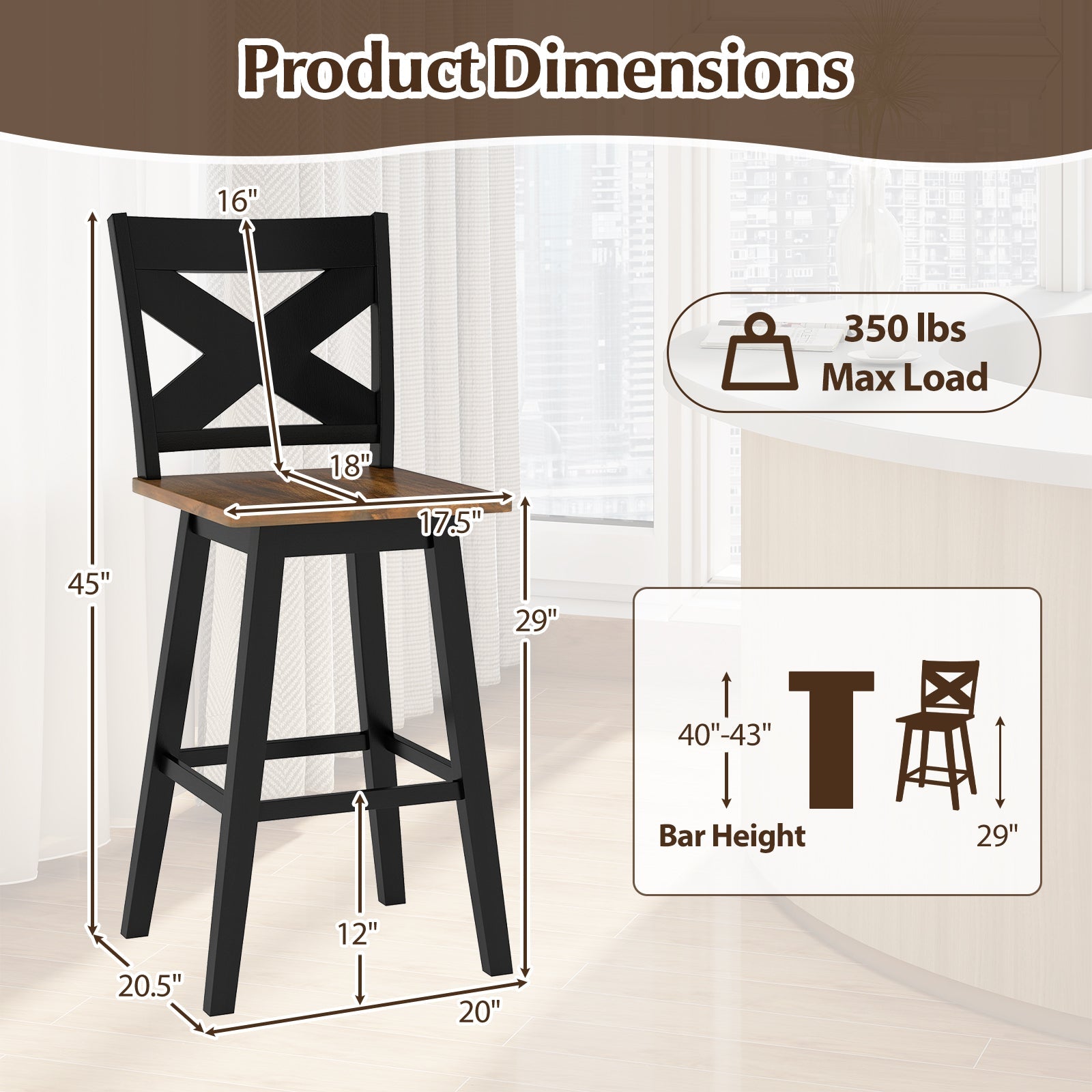 29" Rubberwood Swivel Barstools Set of 4 with Backrest and Large Seat