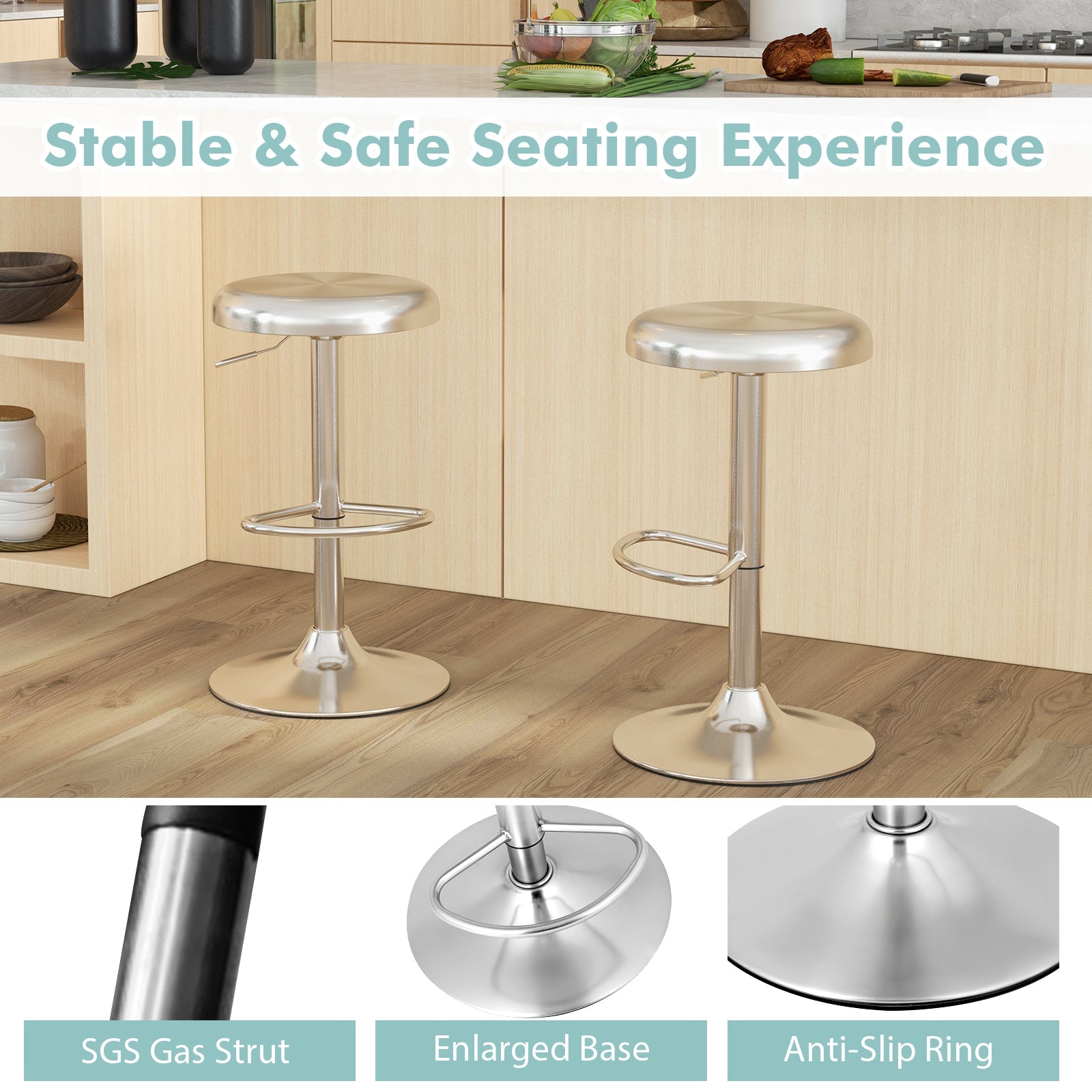 Modern Swivel Adjustable Height Bar Stool with Footrest for Pub Bistro Kitchen Dining