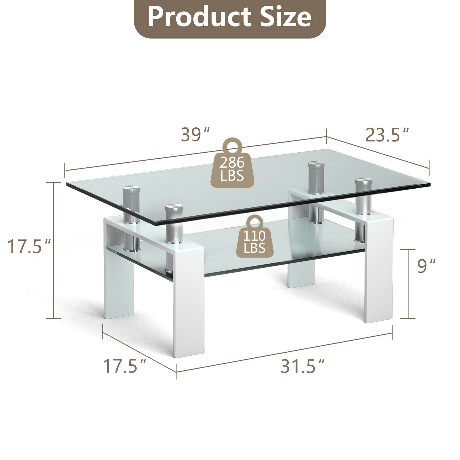 Rectangle Glass Coffee Table with Metal Legs for Living Room