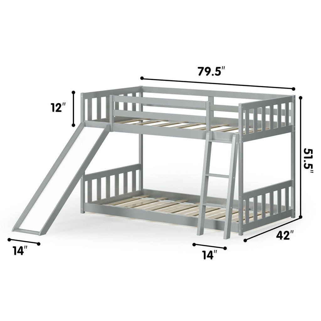 Twin over Twin Bunk Wooden Low Bed with Slide Ladder for Kids