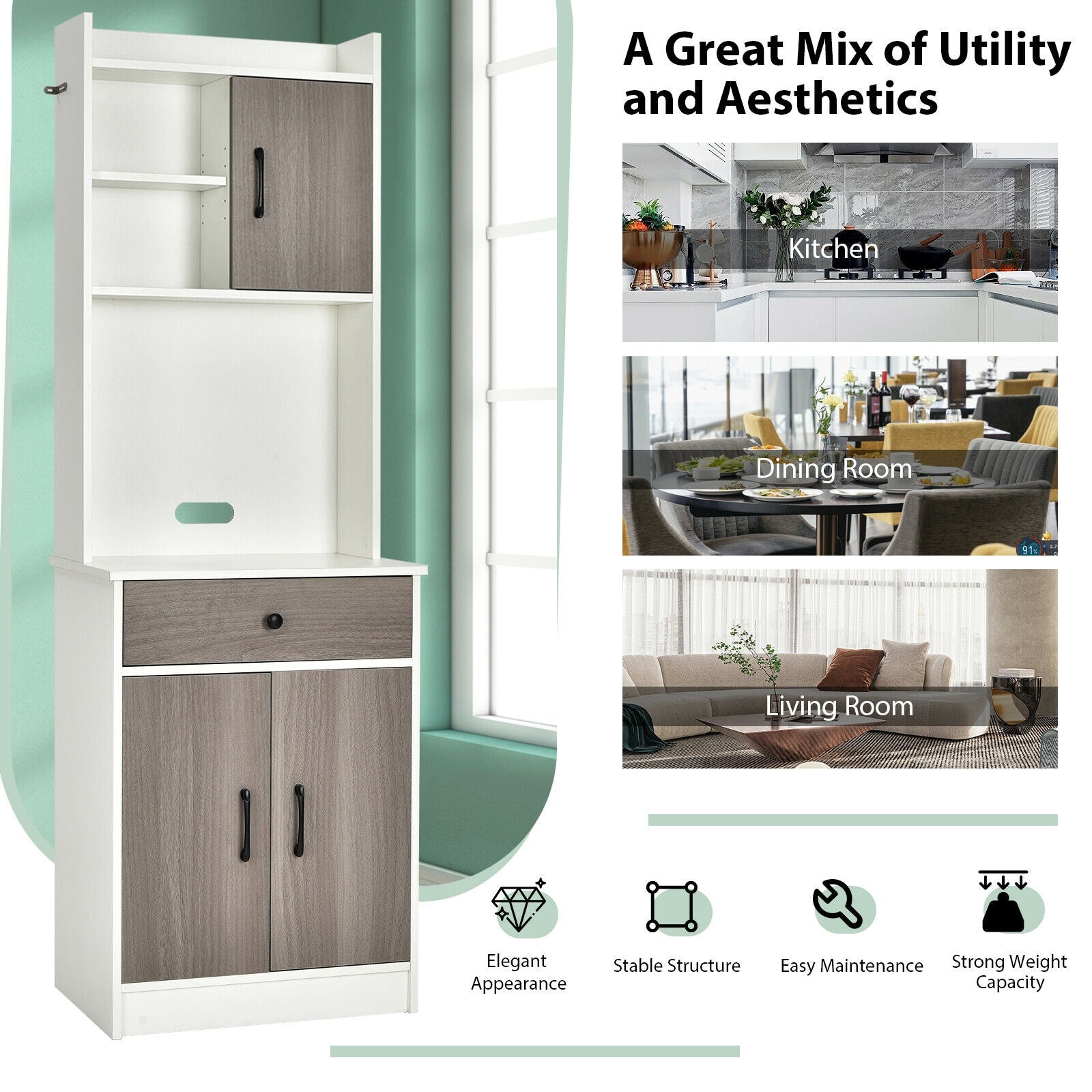 3-Door 71 Inch Kitchen Buffet Pantry Storage Cabinet with Hutch and Adjustable Shelf