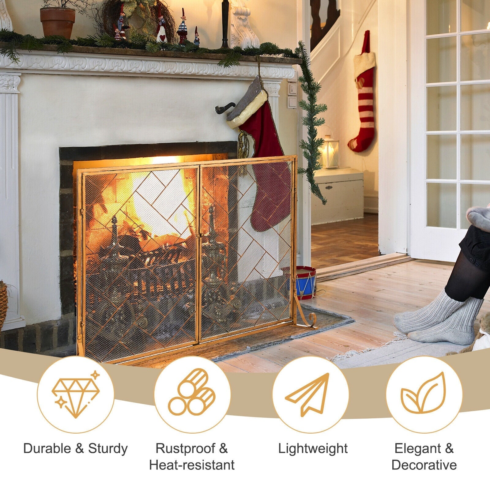 2-Panel Fireplace Screen Folding Metal Fire Place Safety Fence with Magnetic Doors