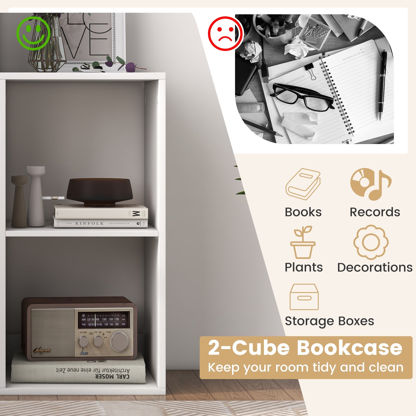 2 Cube Bookshelf with Back Guardrail for Living Room Bedroom
