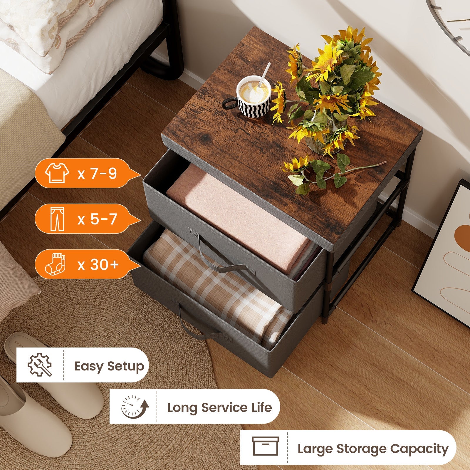 2-Drawer Nightstand with Removable Fabric Bins and Pull Handles