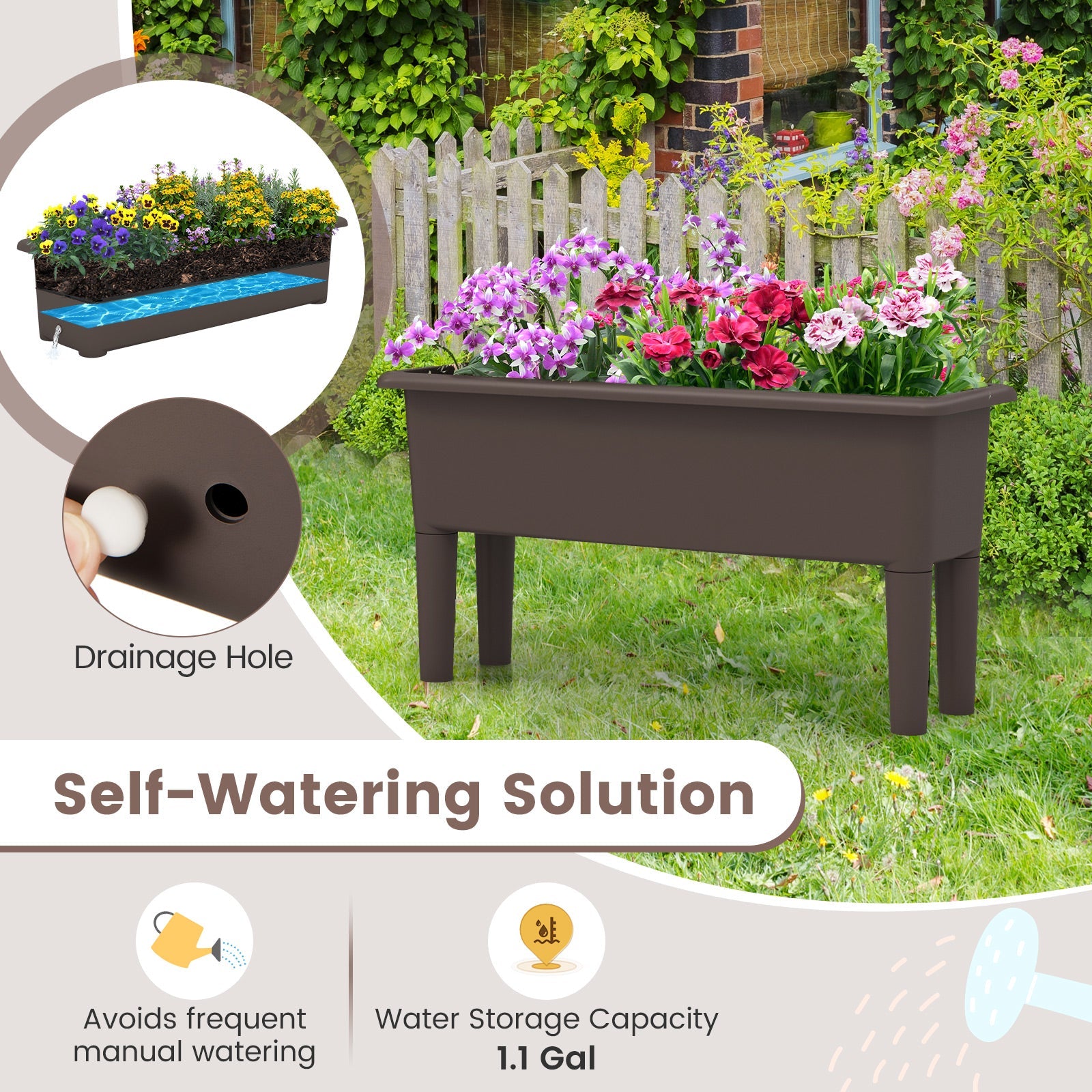 2 PCS Raised Garden Beds Self-Watering Planter Box with Detachable Legs and Drainage Hole