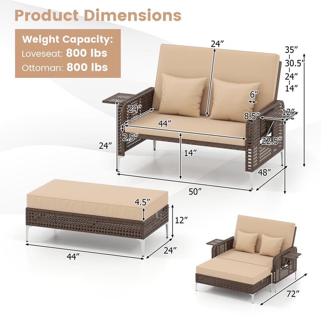 2 Piece Patio Rattan Daybed Wicker Loveseat and Ottoman with Adjustable Backrest