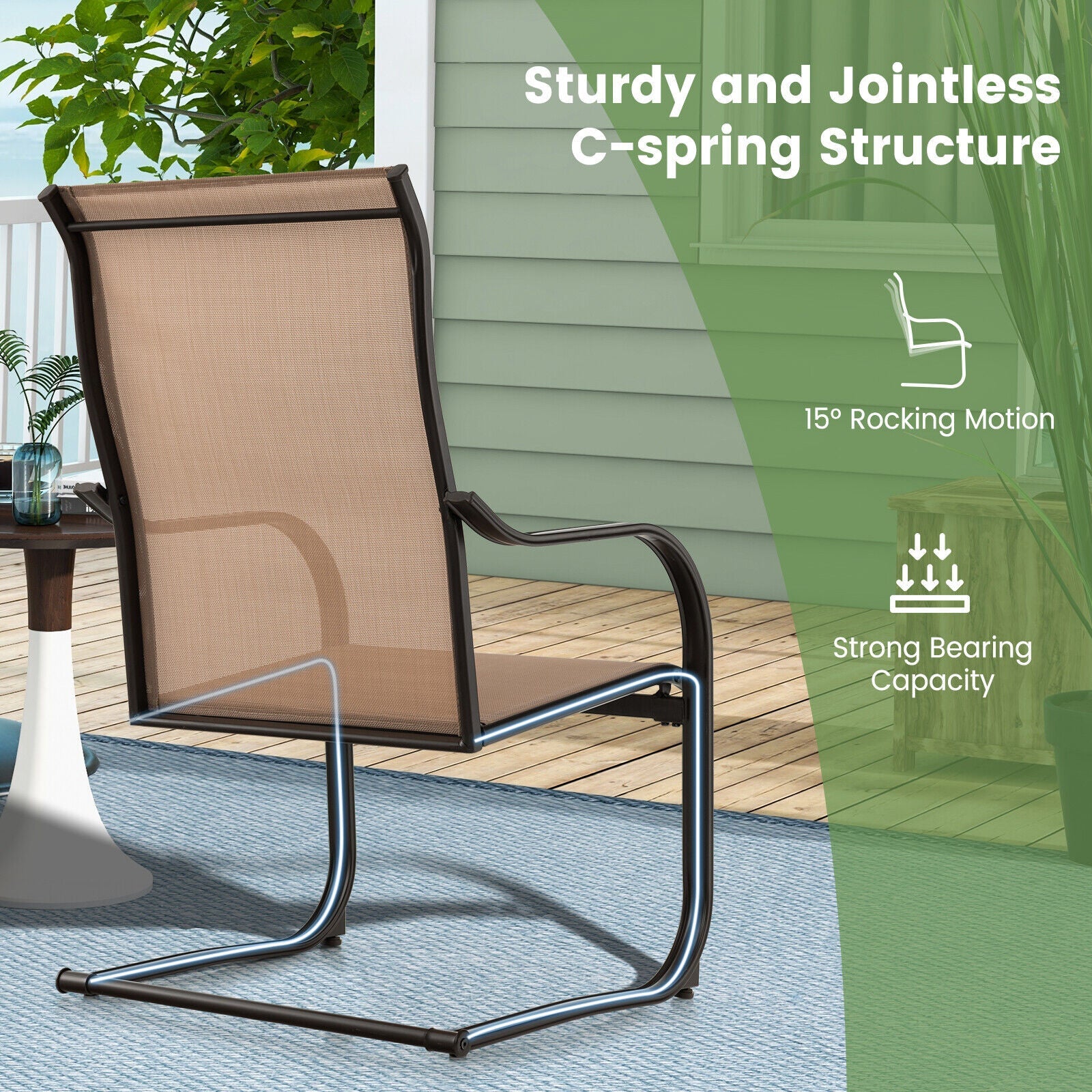 2 Pieces C-Spring Motion Patio Dining Chairs with Breathable Fabric-Brown
