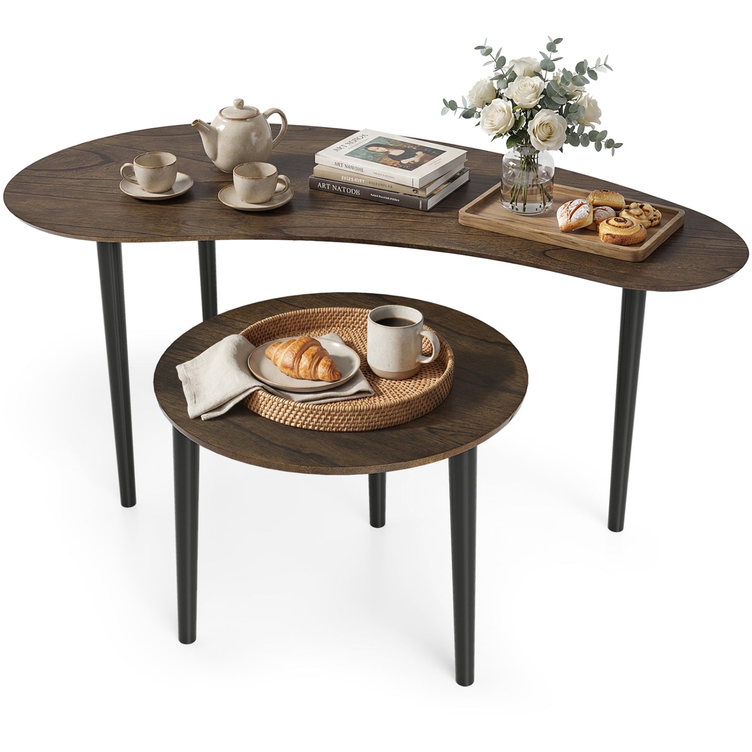 2 Pieces Mid Century Nesting Tables with Rubber Wood Legs-Walnut