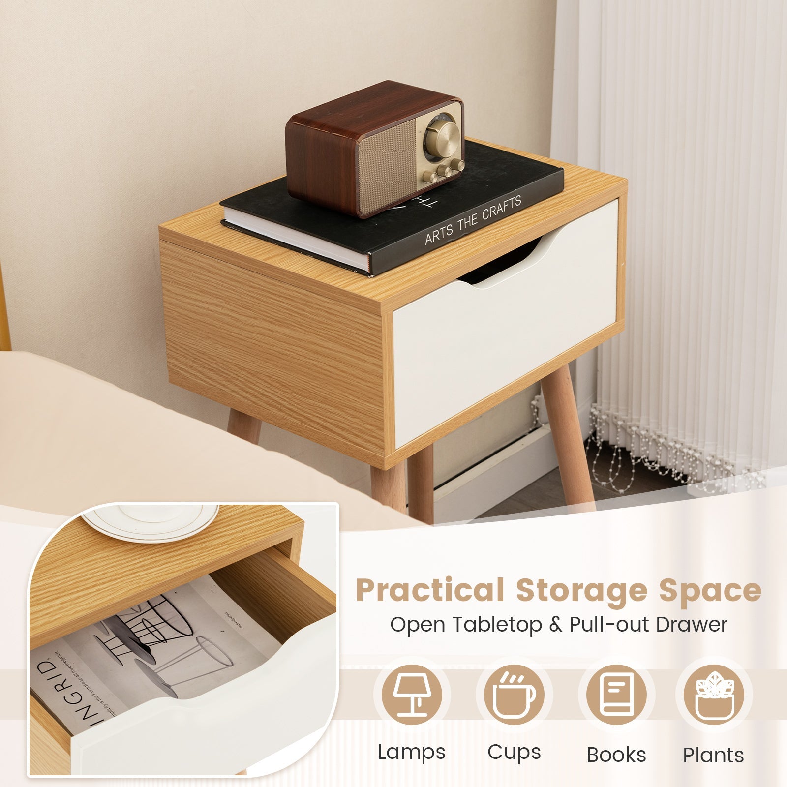 Set of 1/2 Modern Nightstand with Storage Drawer for Bedroom Living Room