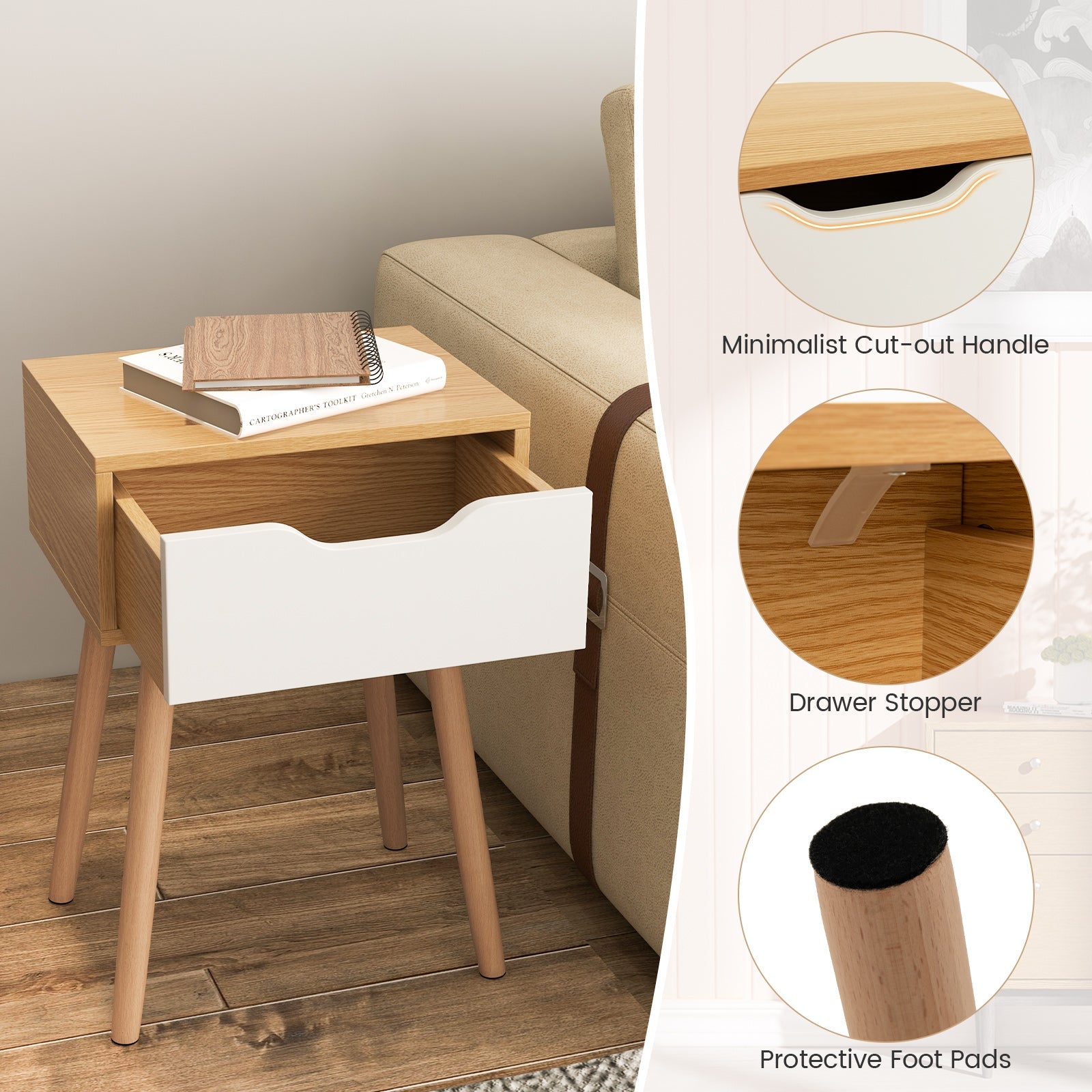 Set of 1/2 Modern Nightstand with Storage Drawer for Bedroom Living Room