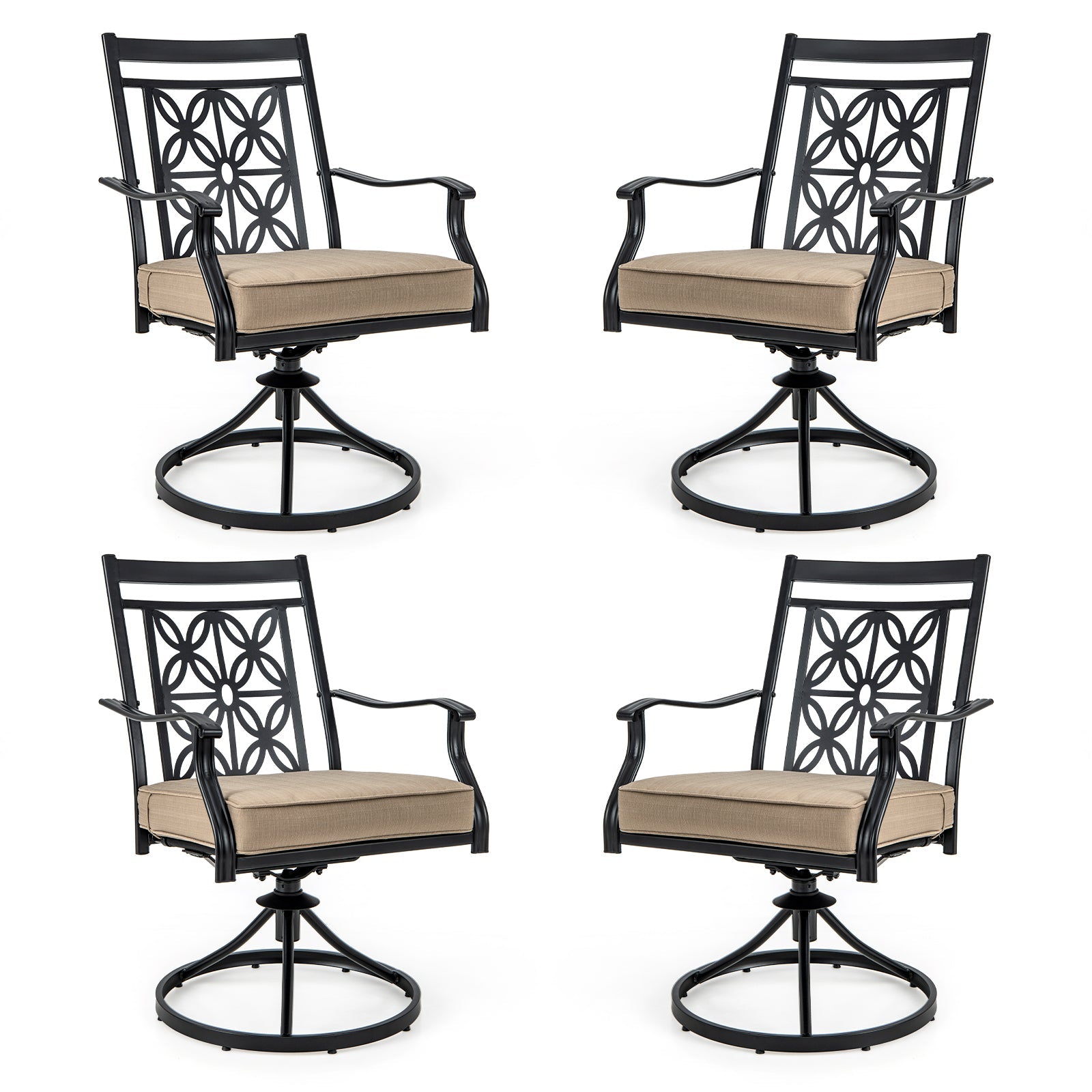 2 Pieces Patio Swivel Chairs with Blossom Pattern Backrest and Cushions-Black