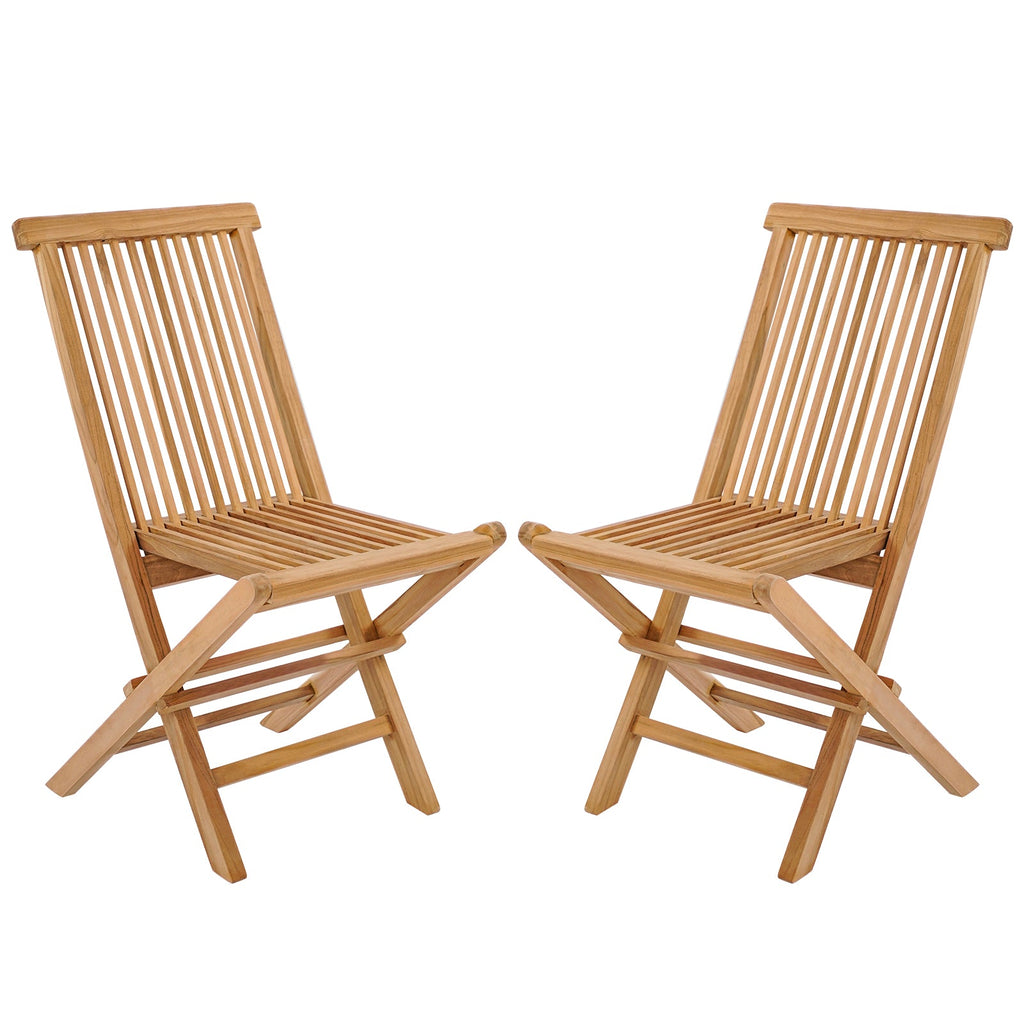 Set of 2 Indonesia Teak Patio Folding Chairs with High Back and Slatted Seat