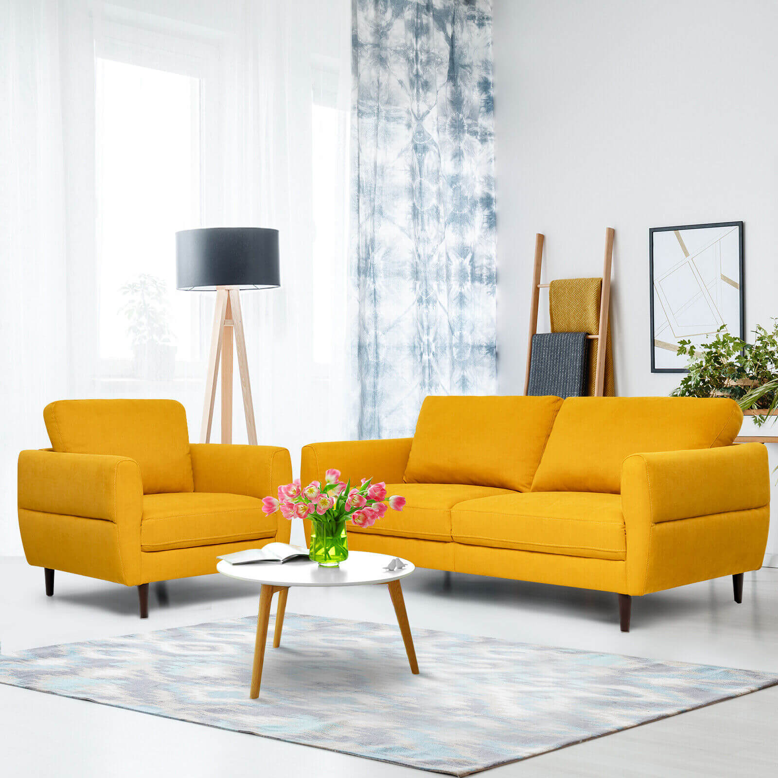 2 Pieces Upholstered Sofa Set with Removable Cushion Covers