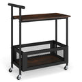 2-Tier Rolling End Table with Handle and Mesh Basket-Rustic Brown