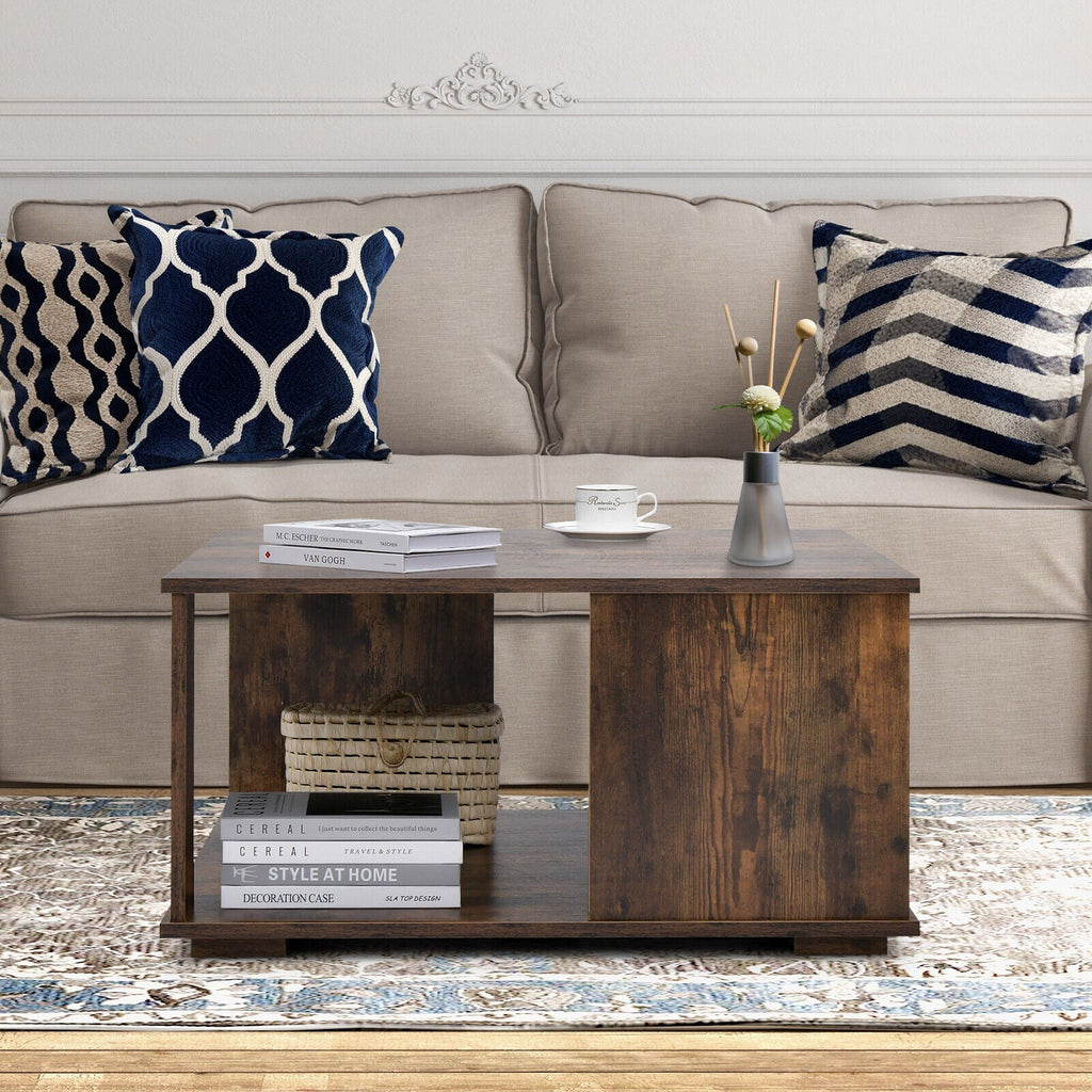 2 Tiers Square Coffee Table with Storage and Non-Slip Foot Pads-Rustic Brown