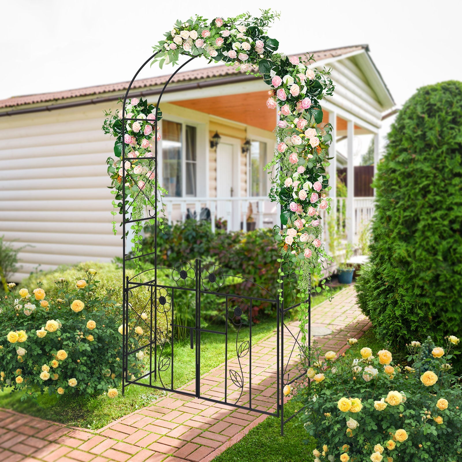 2 in 1 Garden Arbor with Door and Latch for Outdoor Lawn-Black