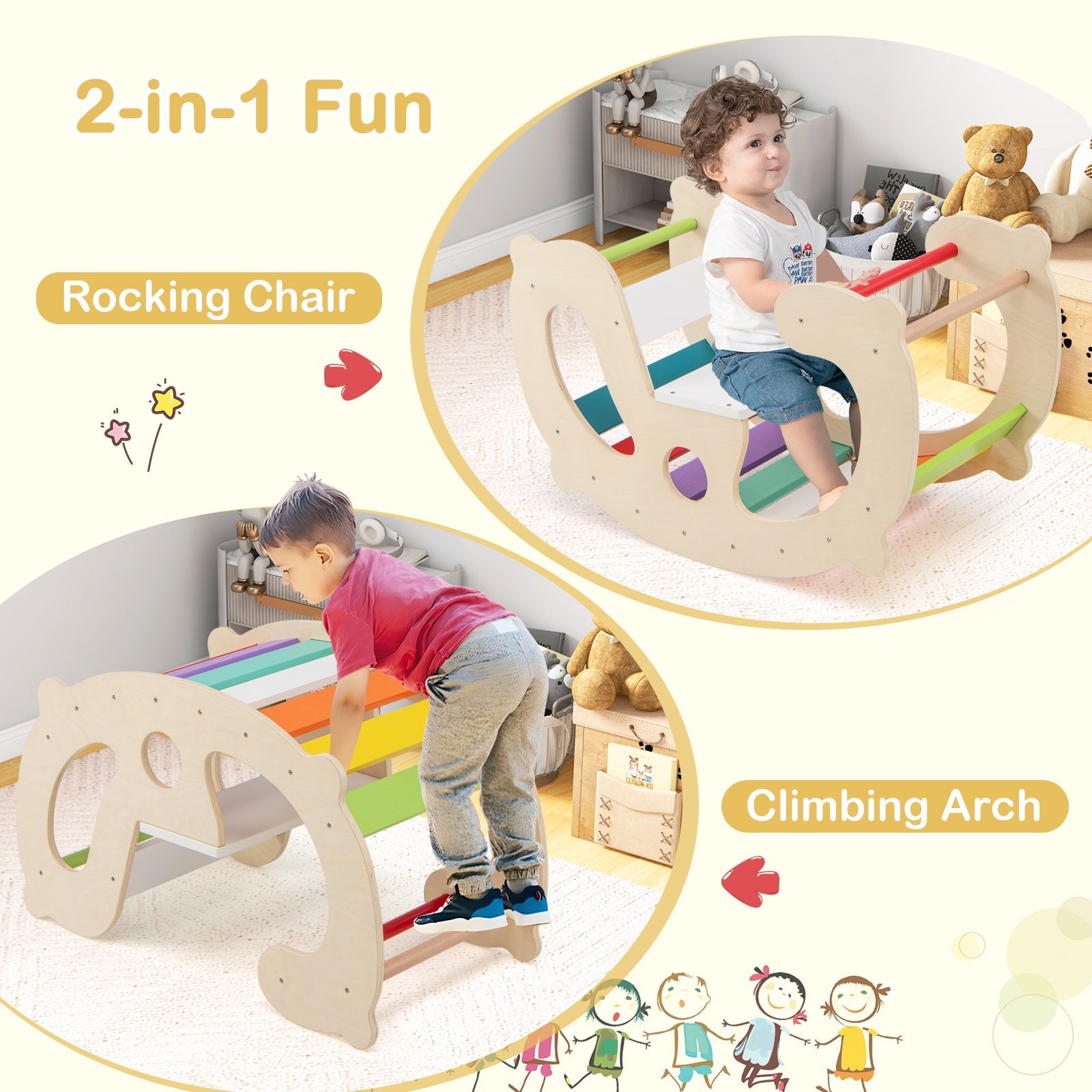 2-in-1 Rocking Horse Arch for Kids Montessori Climbing Toys with Arch Climber