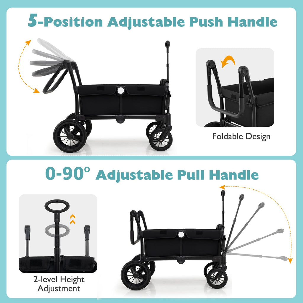2 Seater Push Pull Collapsible Kids Wagon Stroller with Adjustable Handlebars