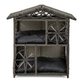 2-storey Wicker Cat House Rattan Kitten Condo Enclosure with Removable Cushions-Gray