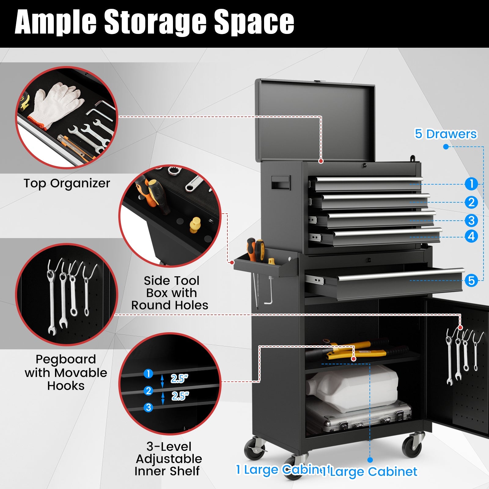 2-in-1 Tool Chest and Cabinet with 5 Sliding Drawers-Black