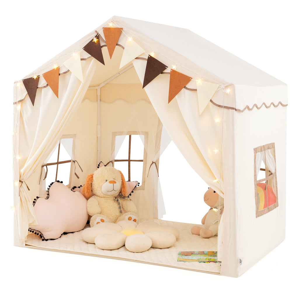 3-4 Kids Large Play Tent House with 2 Opening Doors and Star Lights-Beige