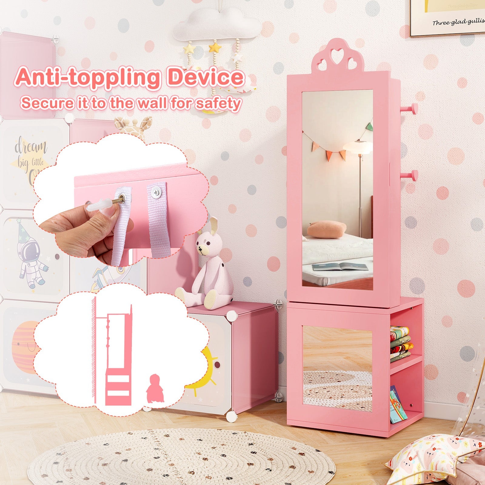 3-in-1 Freestanding Kids Jewelry Cabinet Armoire with Full Length Mirror