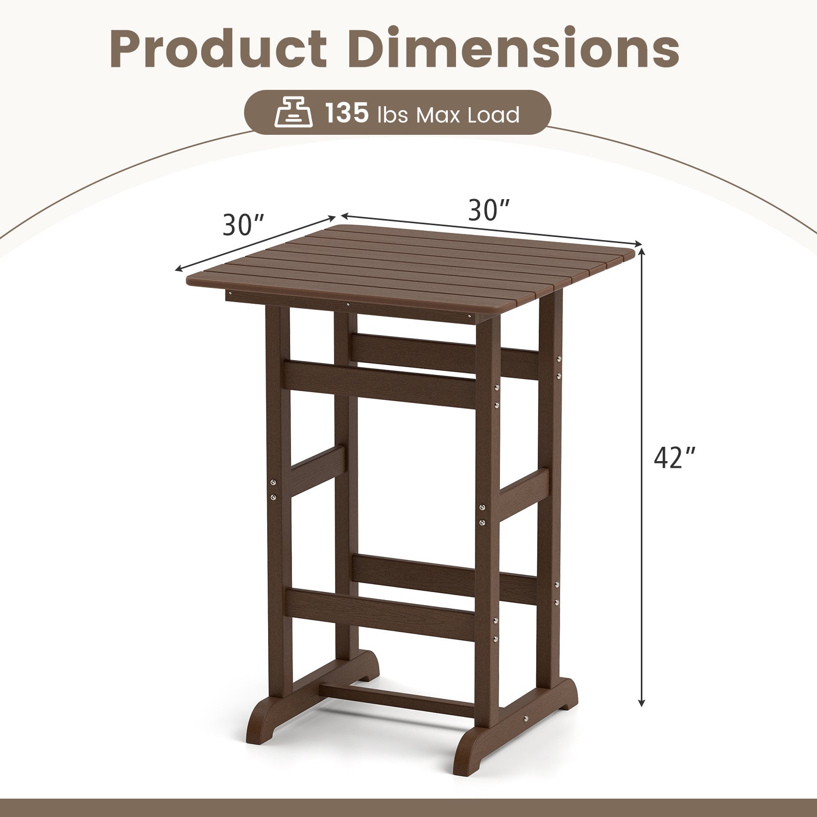 30 Inch Square Bar Table Dining Table with Slatted Tabletop for Poolside