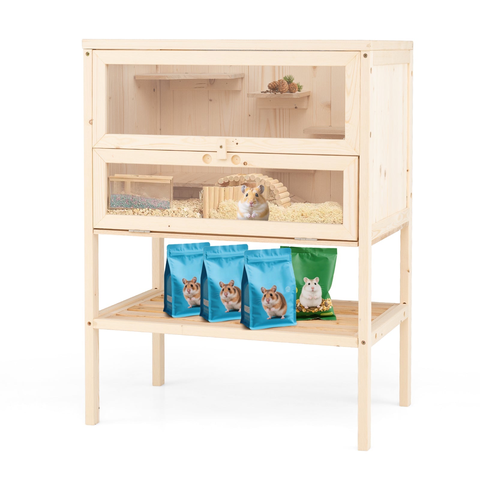 31.5 Inches Freestanding Hamster Cage Wooden Hamster Habitat Playpen-Natural