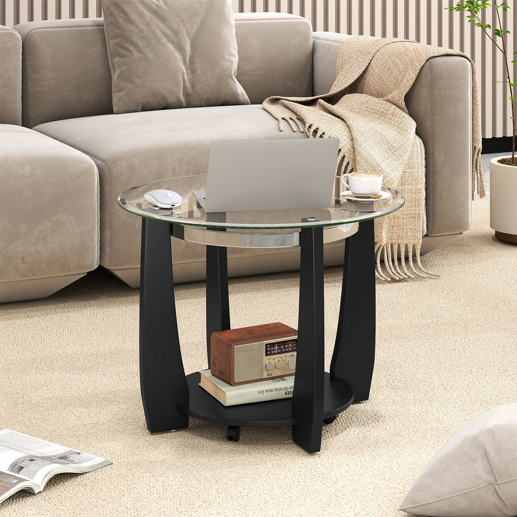 32" 2-Tier Glass Round Coffee Table with Storage Shelf