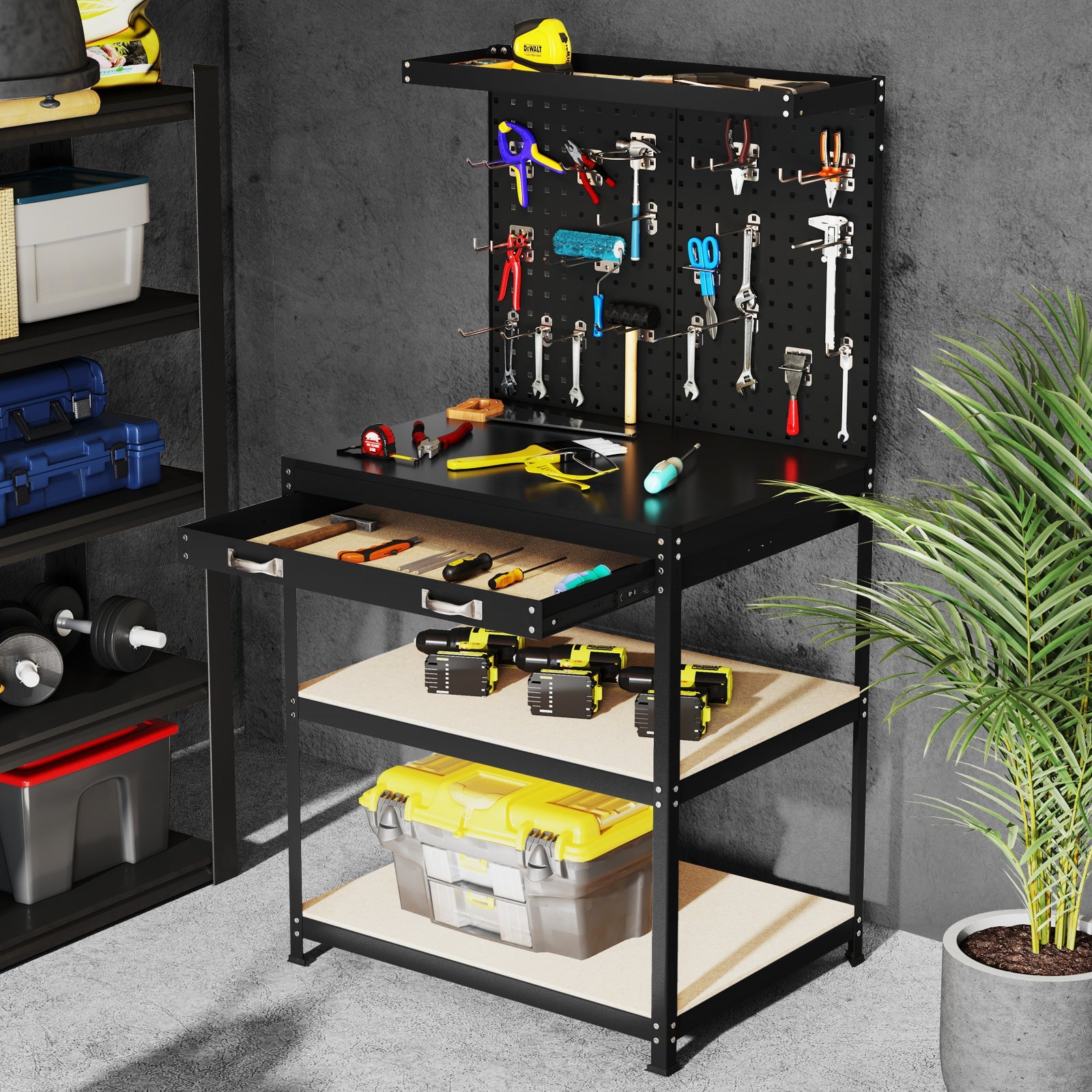 32 x 16 Inch Workbench Work Table with 2 PCs Pegboard Drawer and Shelves