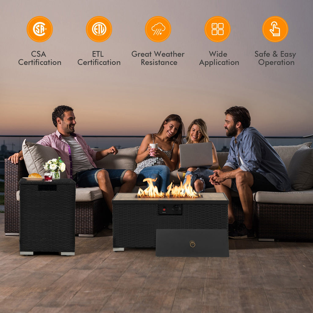 32 x 20 Inch Propane Rattan Fire Pit Table Set with Side Table Tank and Cover