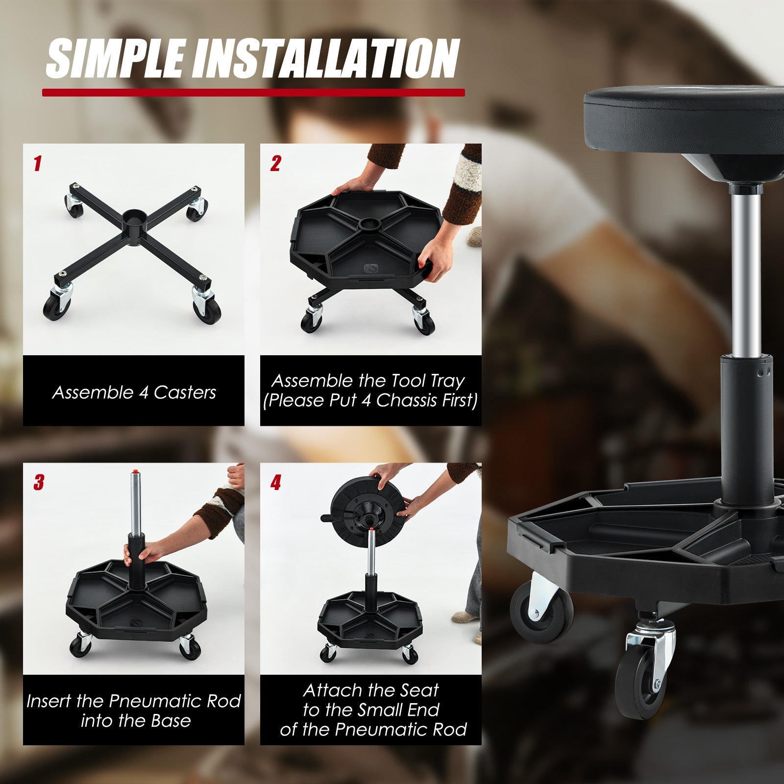 330 LBS Capacity Pneumatic Rolling Mechanic Stool with Padded Seat