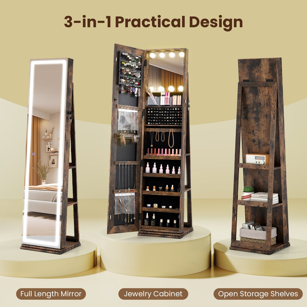 360¬∞ Swivel Freestanding Jewelry Cabinet with Lighted Full Length Mirror