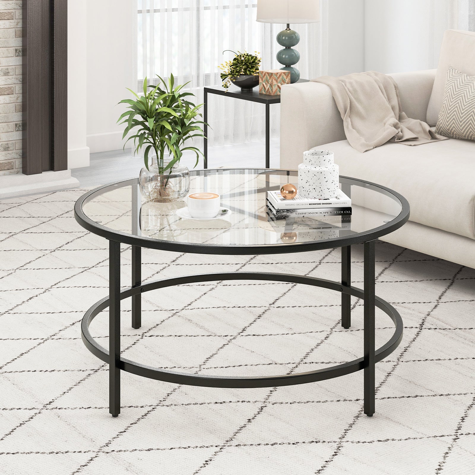 36 Inch Round Coffee Table with Tempered Glass Tabletop
