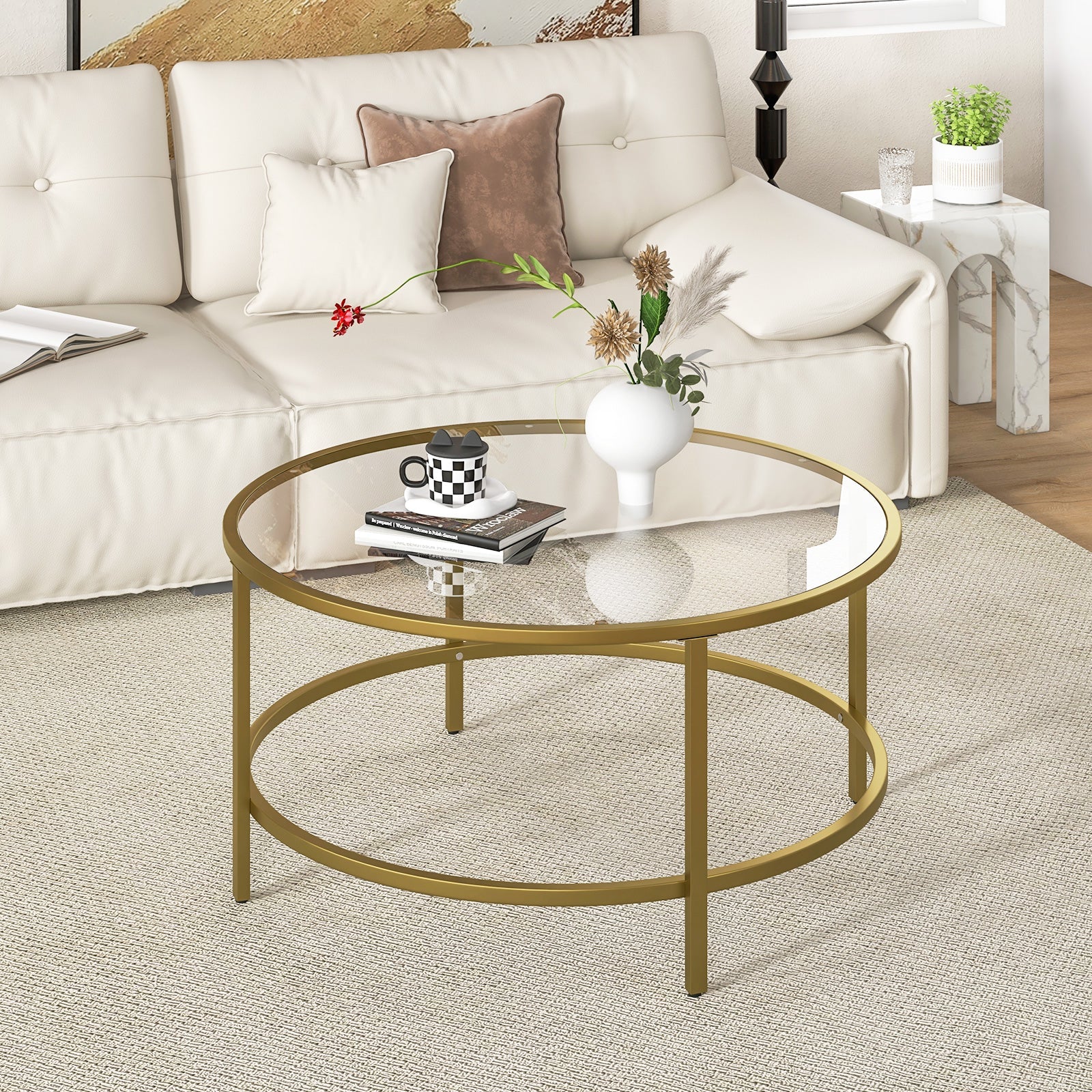36 Inch Round Coffee Table with Tempered Glass Tabletop