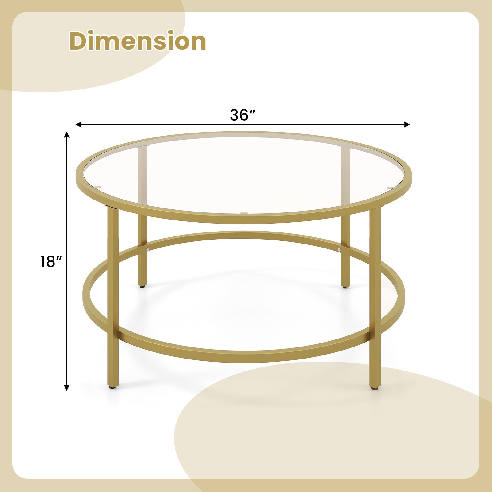 36 Inch Round Coffee Table with Tempered Glass Tabletop