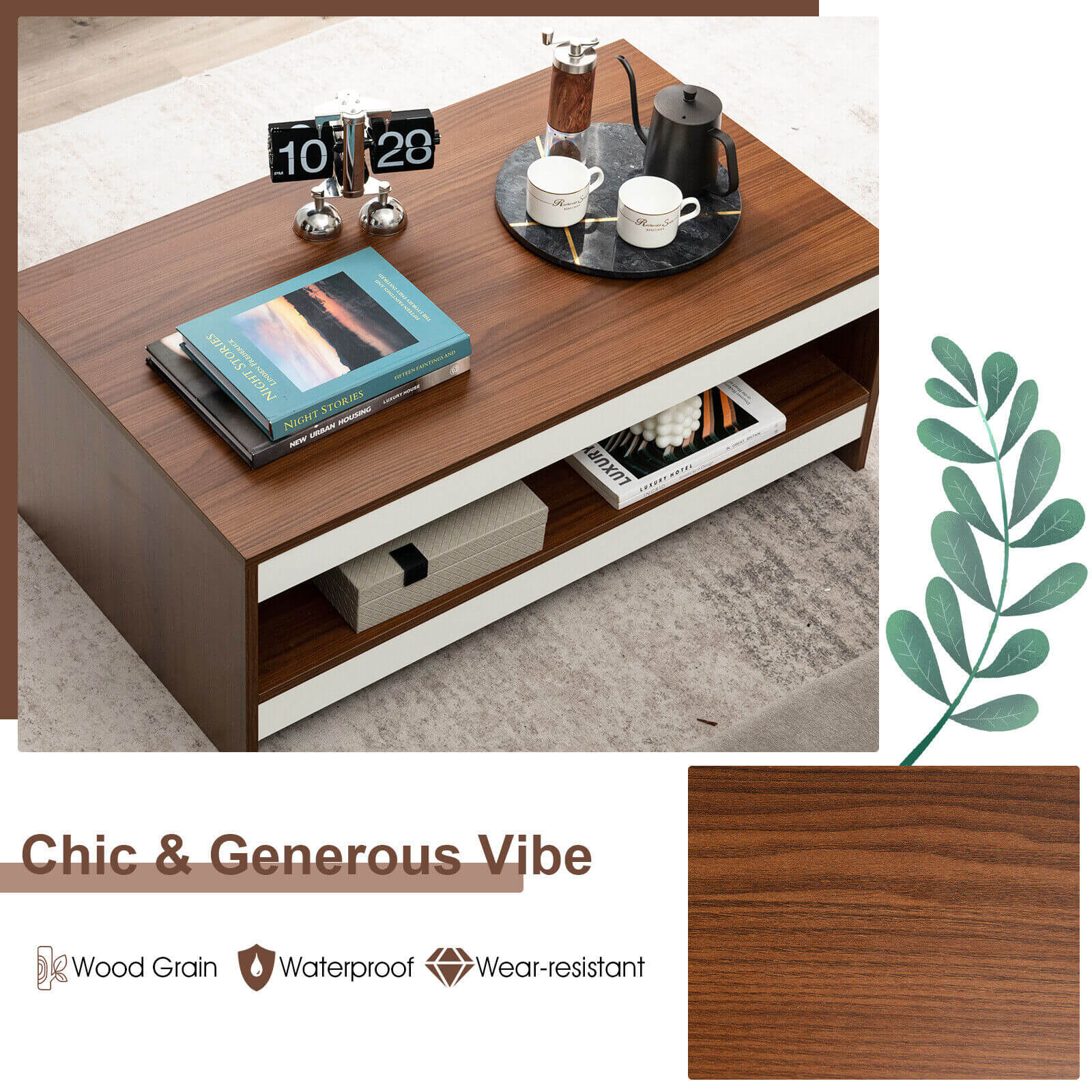 37 Inch 2-Tier Rectangle Wooden Coffee Table with Storage Shelf-Wulnat