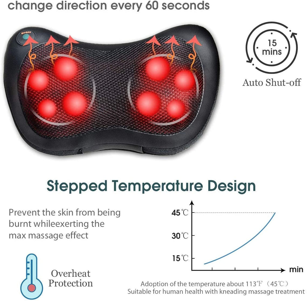 Shiatsu Pillow Massager with Heat Deep Kneading for Shoulder  Neck and Back