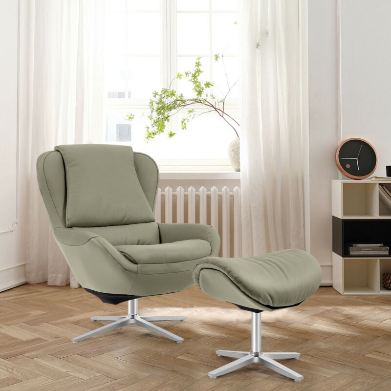 360¬∞ Swivel Leather Lounge Chair with Ottoman and Aluminum Alloy Base