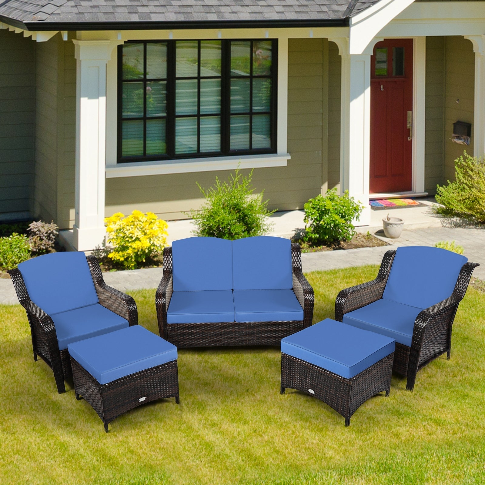 5 Pieces Patio Rattan Sofa Set with Cushion and Ottoman