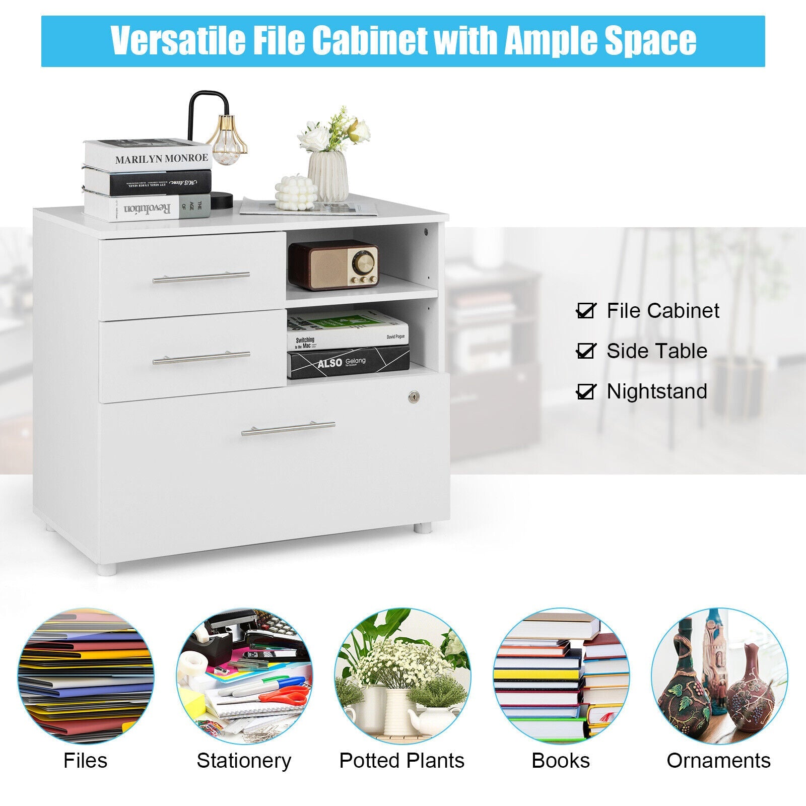 3 Drawer Lateral File Cabinet on Wheels with Storage Shelves