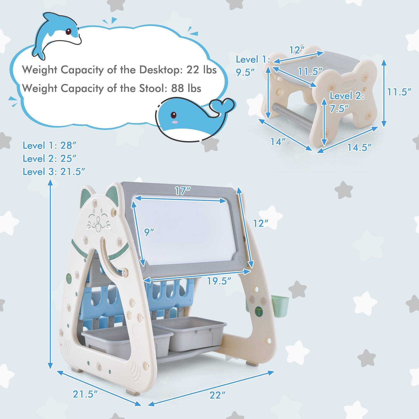 3-In-1 Double Sided Magnetic Dry-Erase Board with Stool and Flipped Writing Desktop