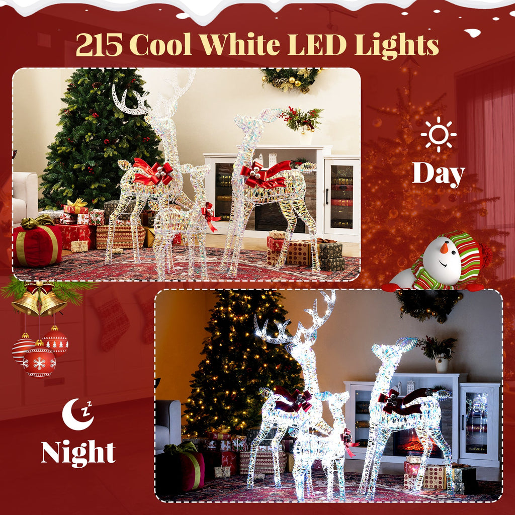 3-Piece Christmas Lighted Iridescent Reindeer Family Set with 215 Cold White LED Lights and Ground Stakes
