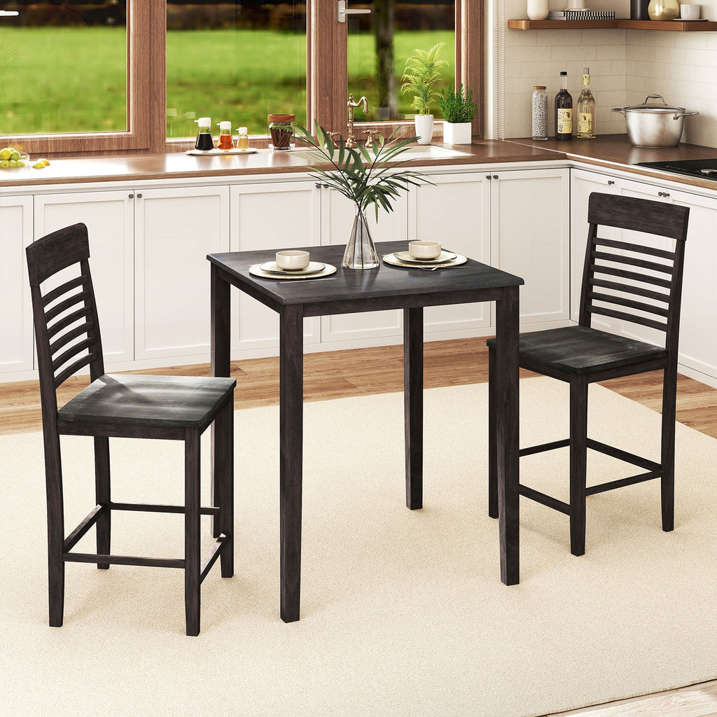 3-Piece Counter-Height Dining Table Set for 2 with Rubber Wood Frame and Footrest