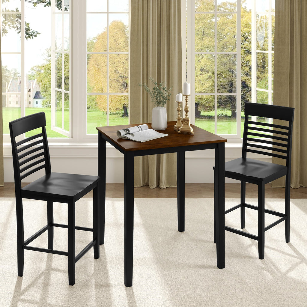 3-Piece Counter-Height Dining Table Set for 2 with Rubber Wood Frame and Footrest