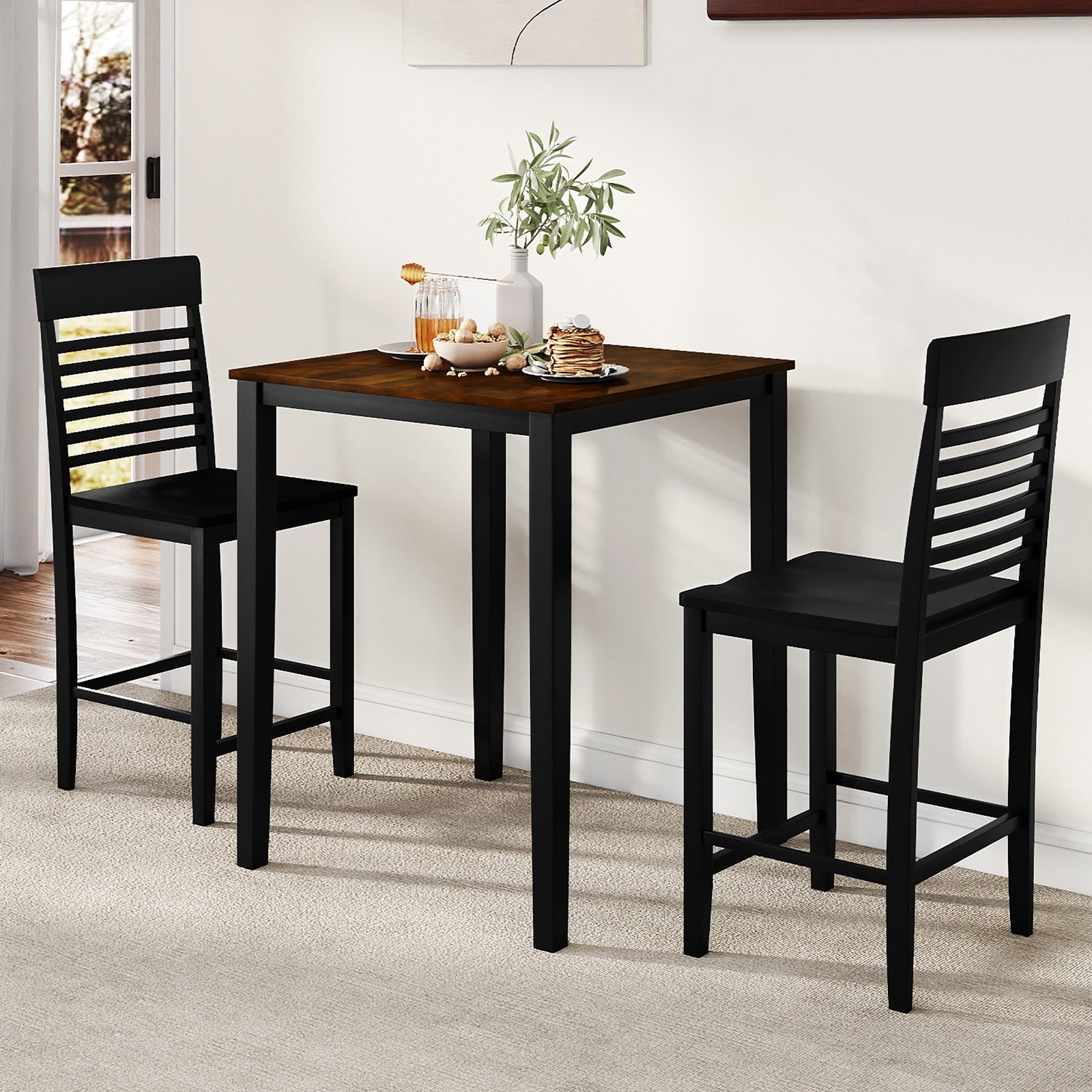 3-Piece Counter-Height Dining Table Set for 2 with Rubber Wood Frame and Footrest