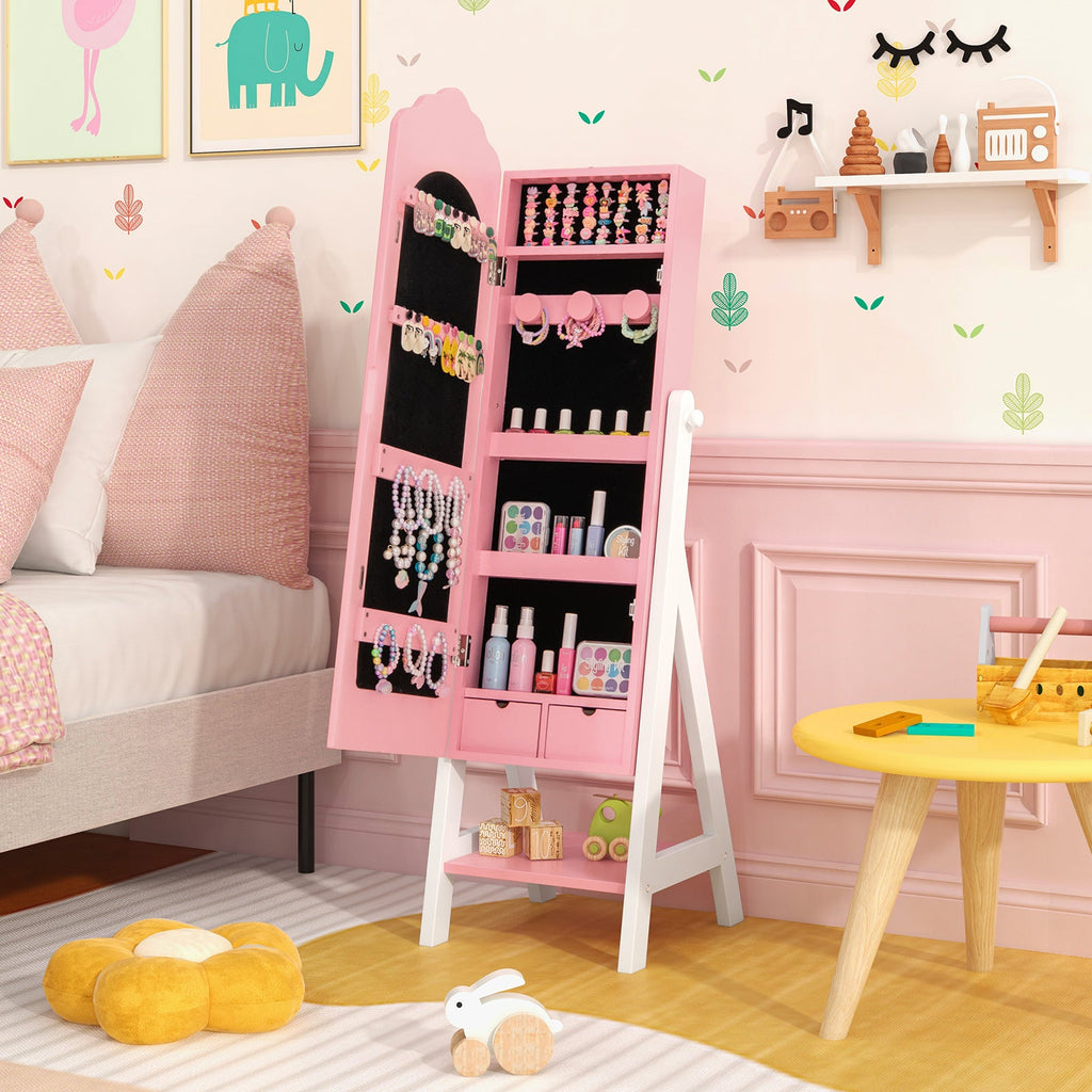 2 Pieces Kids Vanity Set and Jewelry Armoire Cabinet with Full-length Mirror