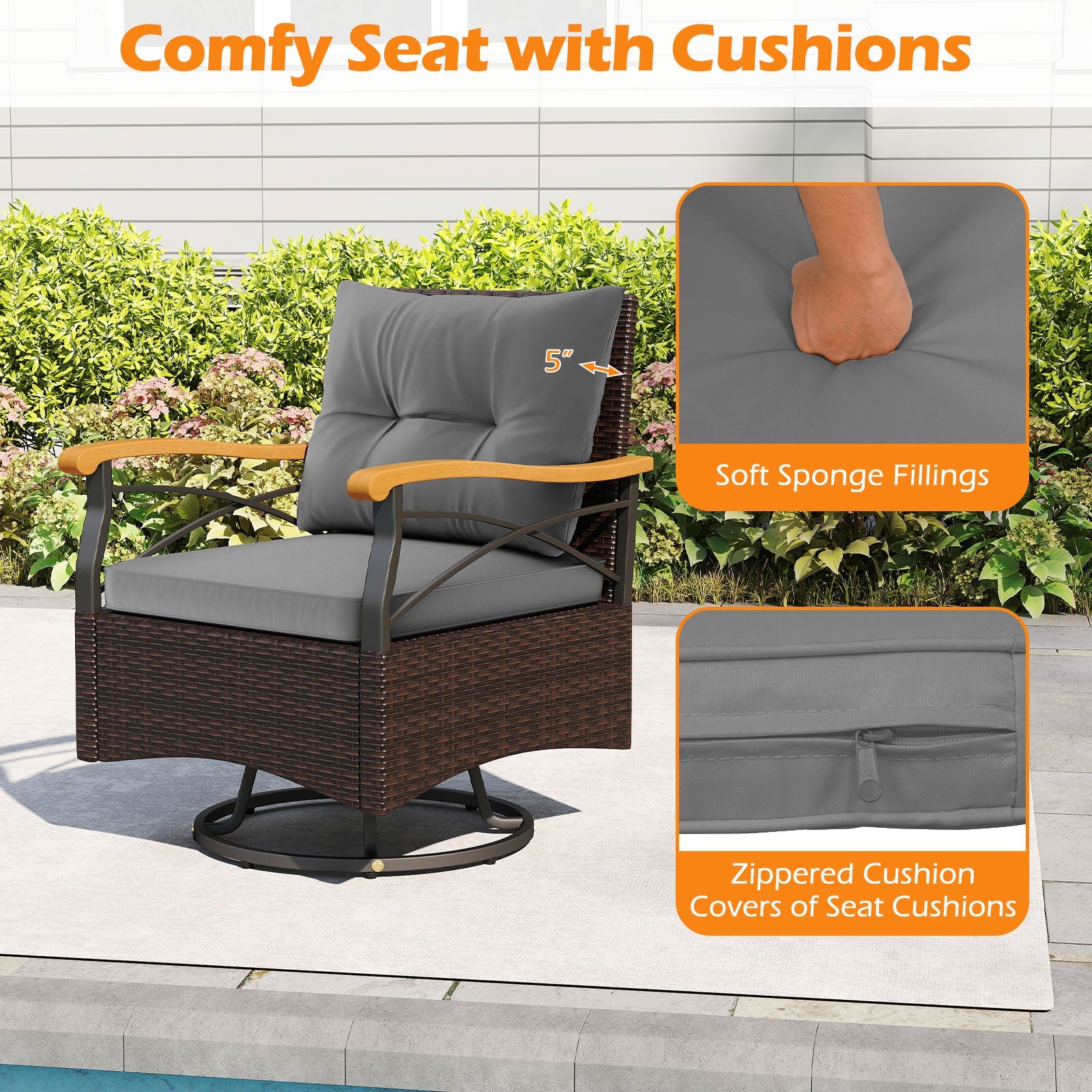3 Piece Outdoor Swivel Chair Set with Tempered Glass Side Table