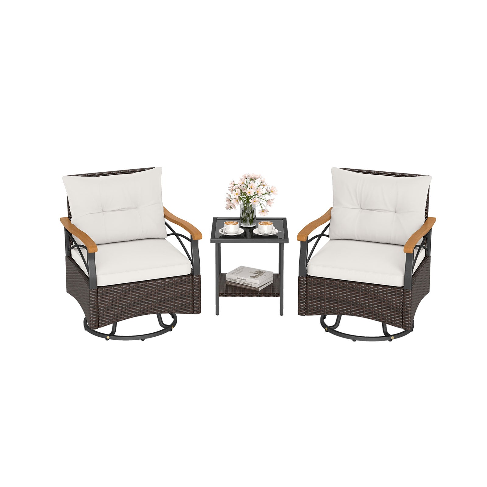 3 Piece Outdoor Swivel Chair Set with Tempered Glass Side Table